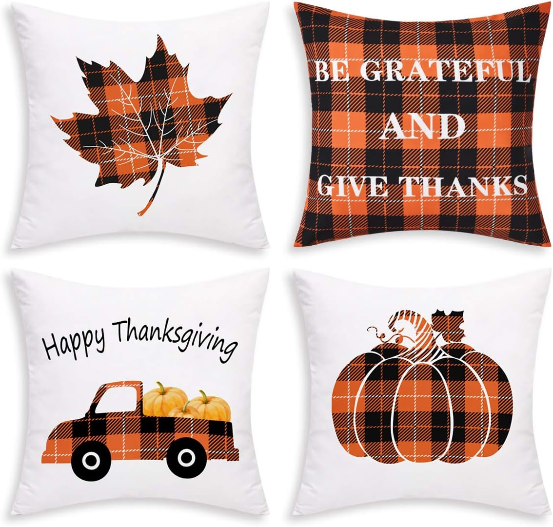 BLEUM CADE Thanksgiving Day Throw Pillow Covers Autumn Pumpkin Pillow Covers Fall Harvest Pillow Cases Cushion Covers Zippered Pillowcase Holiday Decorative Pillow Covers