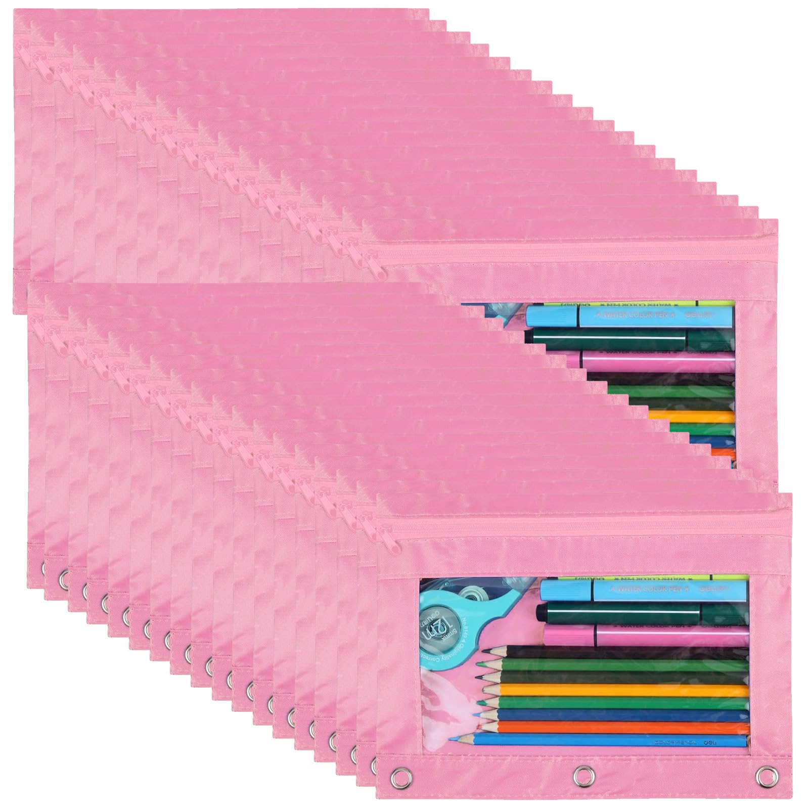 YoeeJob 36 Pack 3 Ring Binder Pencil Pouch with Clear Window, Clear Zipper Pencil Case Bulk Suitable for School and Office(Pink)