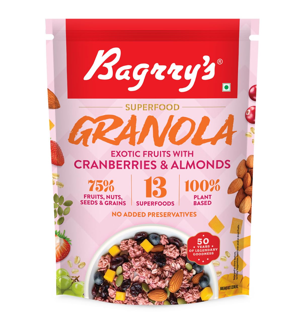 Bagrry’s Superfood Granola Exotic Fruits with Cranberries & Almonds 400g – 75% Fruits, Nuts, Seeds & Grains | 13 Nutrient-Packed Superfoods | 100% Plant-Based | High in Fibre & Protein | Healthy Breakfast Cereal | Multigrain Cereal | 100% Baked Granola | No Palm Oil