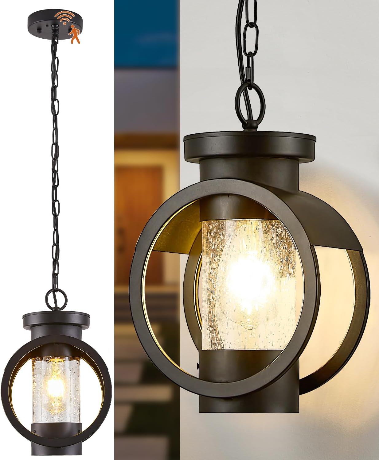 Motion Sensor Outdoor Pendant Light Fixture, Farmhouse Exterior Hanging Lamp with Adjustable Chain, Anti-Rust Aluminum Outdoor Chandelier, Large Exterior Ceiling Mount Hanging Light for Entryway,Porch