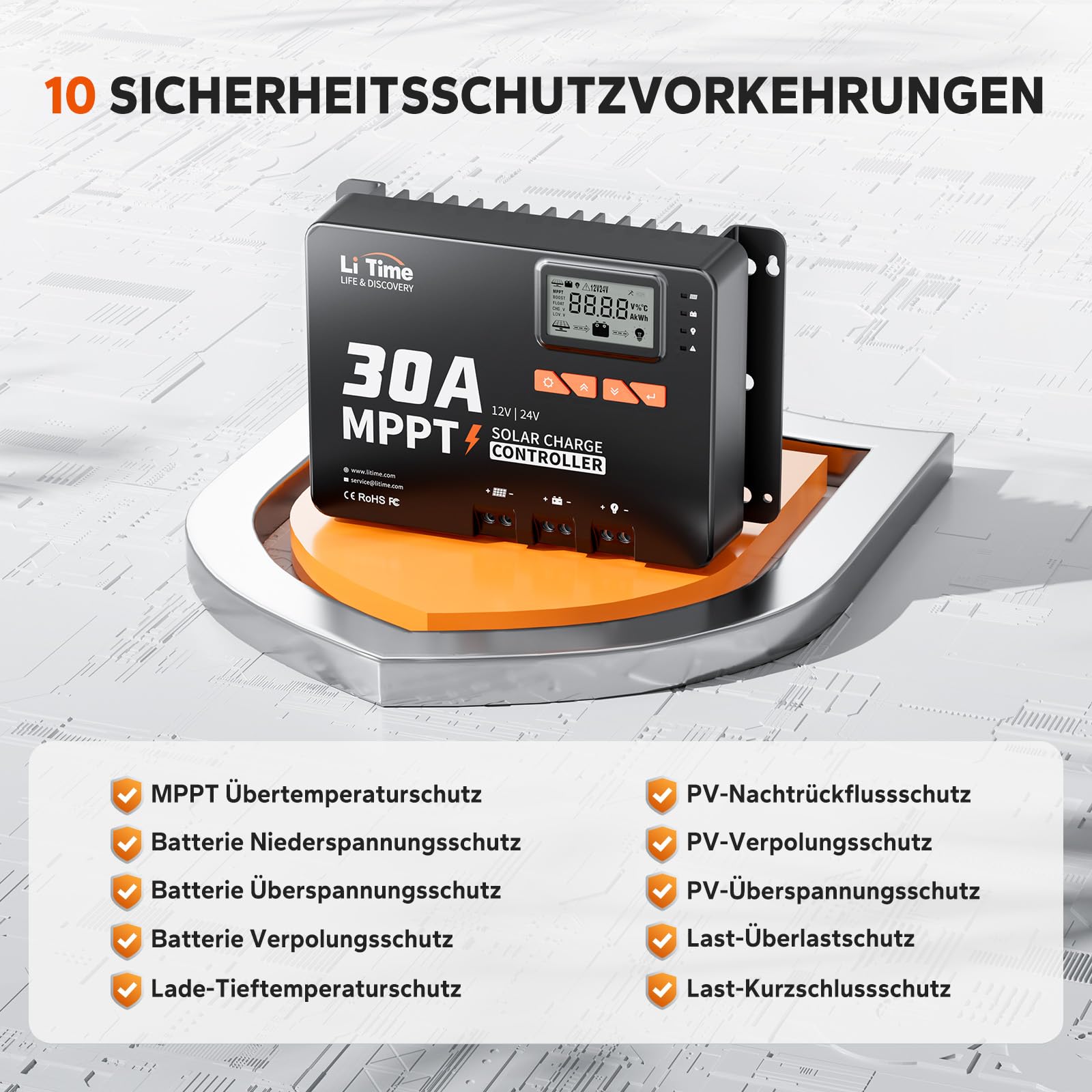 LiTime 30A MPPT 12V/24V Auto DC Input Solar Laderegler mit Bluetooth-Modul, Parameter einstellbares LCD-Display, LED-Anzeigen Solarpanel Regler, für Lithium Batterie