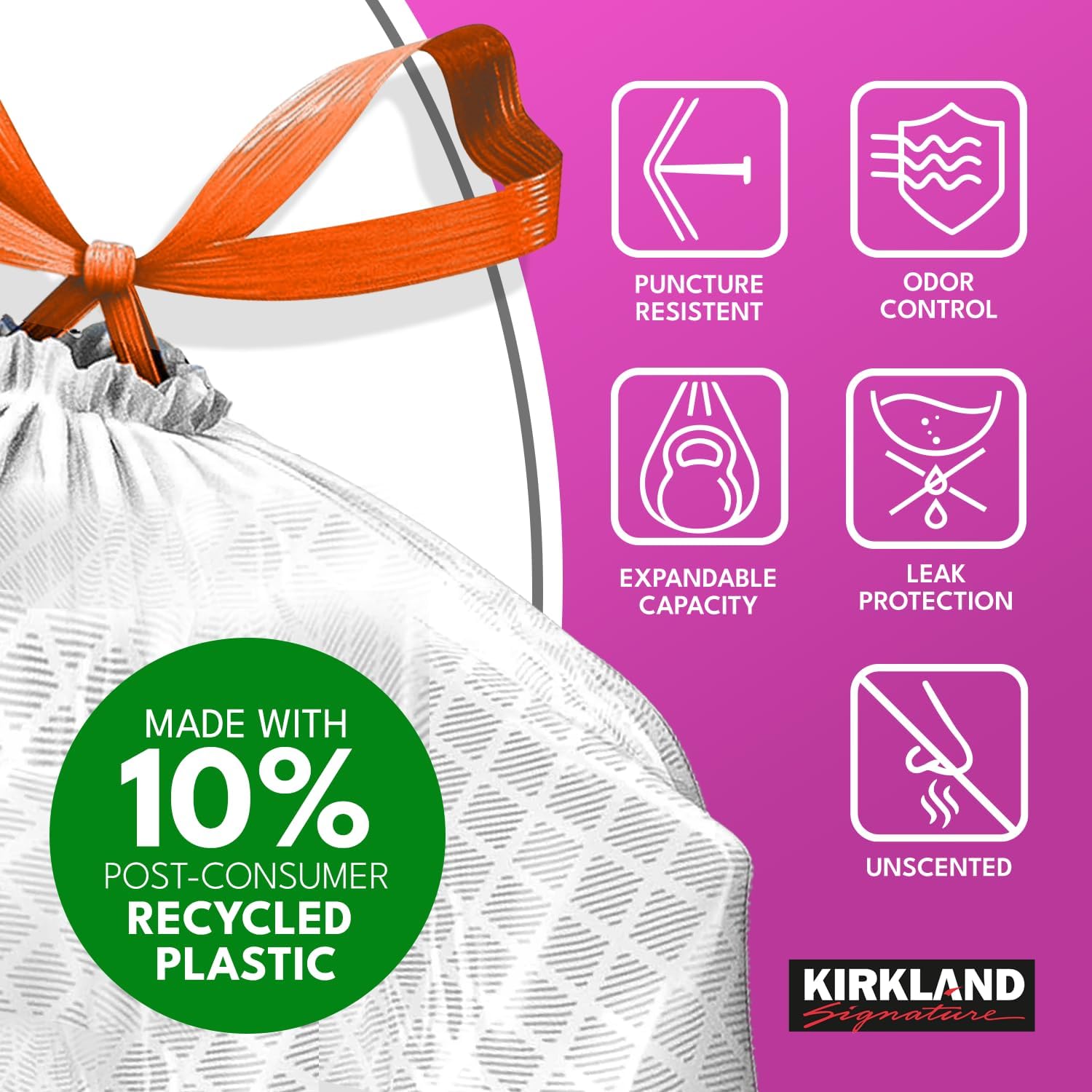 Kirkland Signature Flex-Tech Drawstring White Tall Kitchen Trash Bags, 13 Gallon, 200 Count