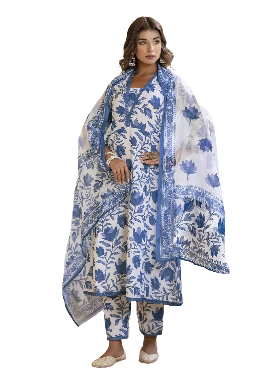 Tee Projekt Women's Cotton Blend Mandarin Anarkali Kurta Pant With Dupatta Set Off White