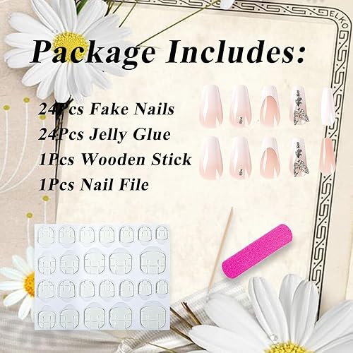 Miniatura 6 de 24 uñas postizas medianas largas a presión con puntas francesas blancas, uñas postizas de mariposa con diamantes de imitación, uñas postizas de