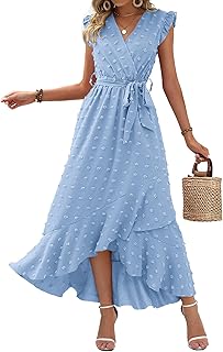 Women V Neck Summer Dress 2025 Cap Sleeve Swiss Dot Boho Flowy Ruffle Slit Beach Party Long Maxi Cocktail Dresses - Buy now