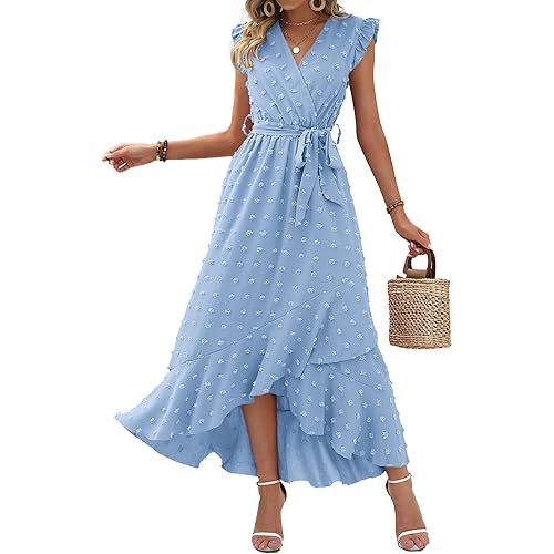 BTFBM Women's 2024 Summer Wrap V Neck Dress Ruffle Sleeve Swiss Dot Boho Ruffle Slit Beach Party Flowy Long Maxi Dresses