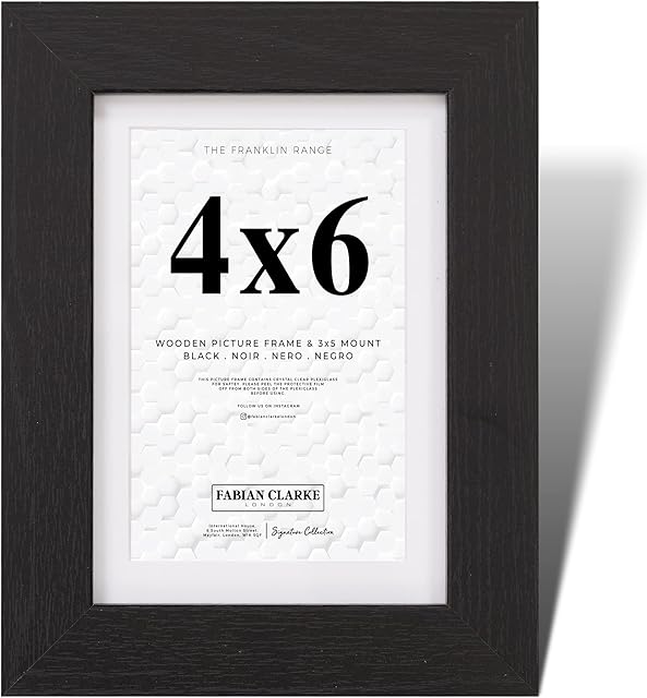 Fabian Clarke London® 6x4 Modern Black Wooden Picture Photo Frame with 5x3 White Mount Includes Glass Front Hang Portrait or Landscape