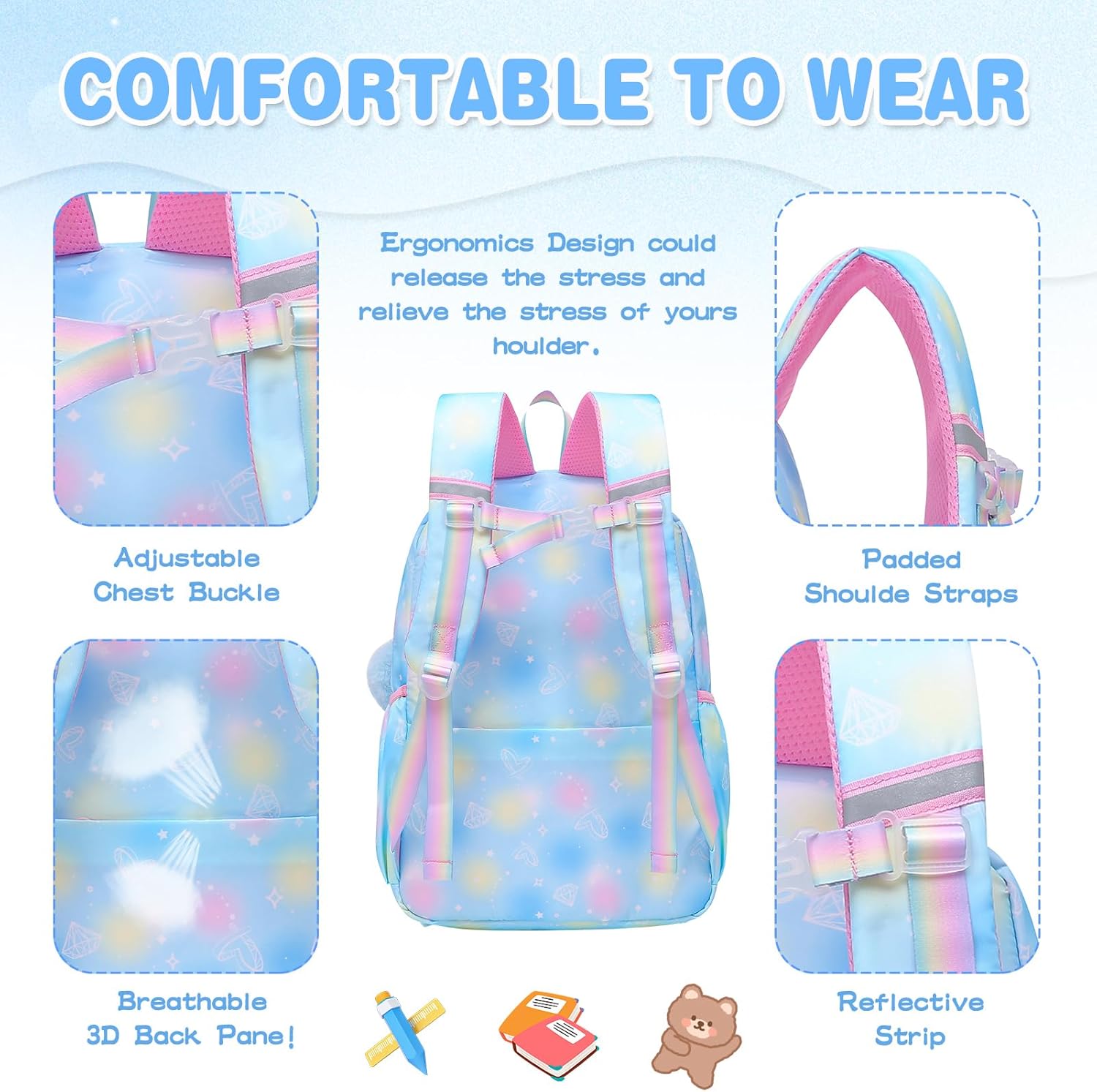 Sweet Girls Backpack School Bag for Students Kids Book Bag with Multiple Pockets Children's Backpack Trendy Laptop Backpack(17inch Blue) - Image 4