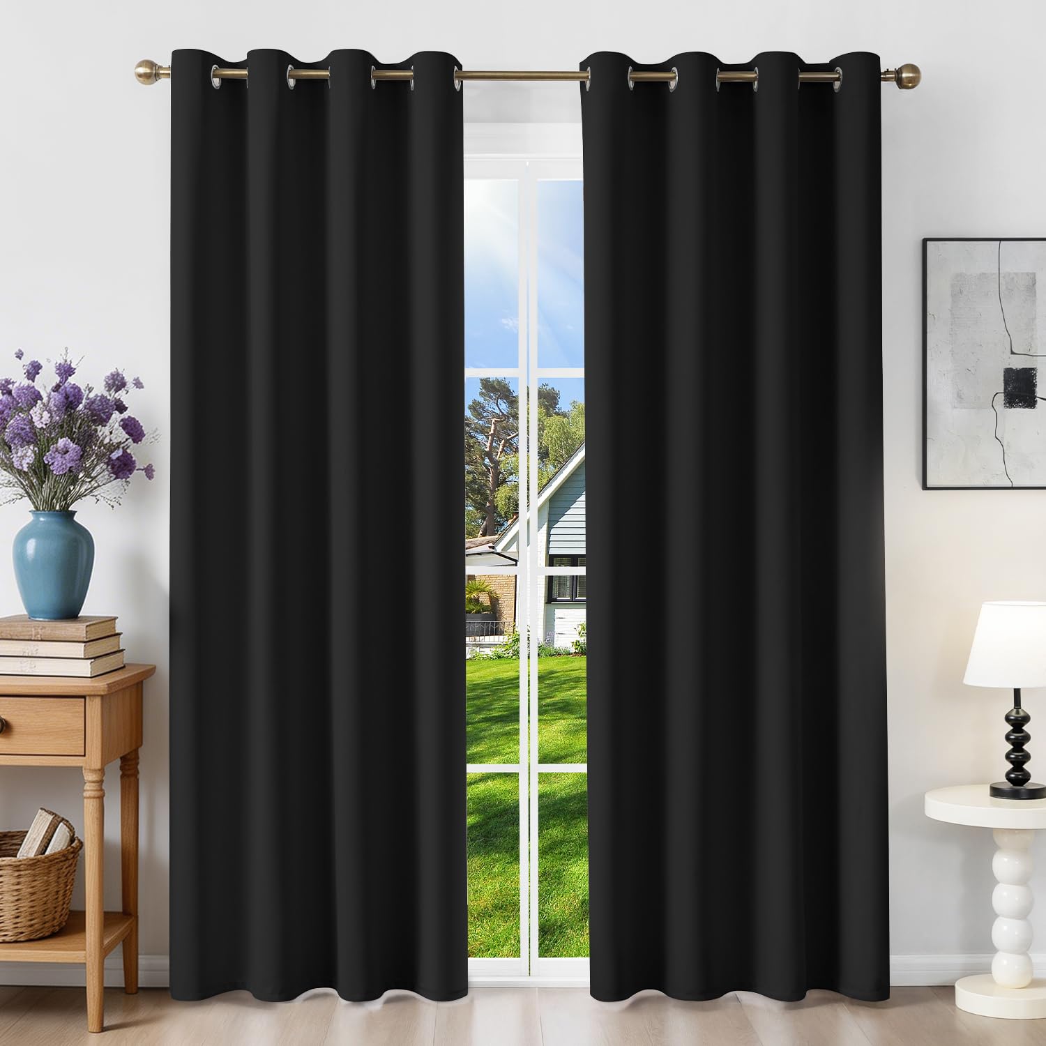 Runyéla Blackout Curtains for Bedroom Eyelet 52 x 84 Inch Drop Thermal Black Out Curtain for Living Room, 2 Panels, Black