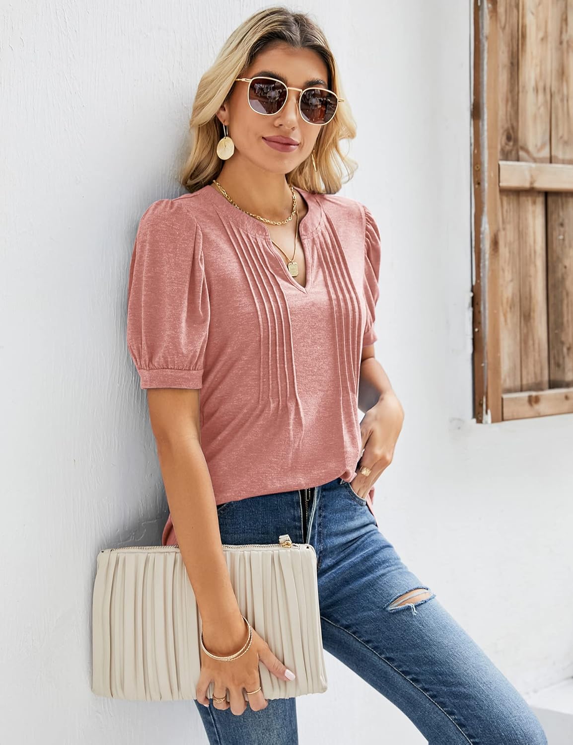 Micoson Womens V Neck Puff Short Sleeve Pleated T Shirts Fashion Summer Tops Casual Tunic Blouse - Image 2
