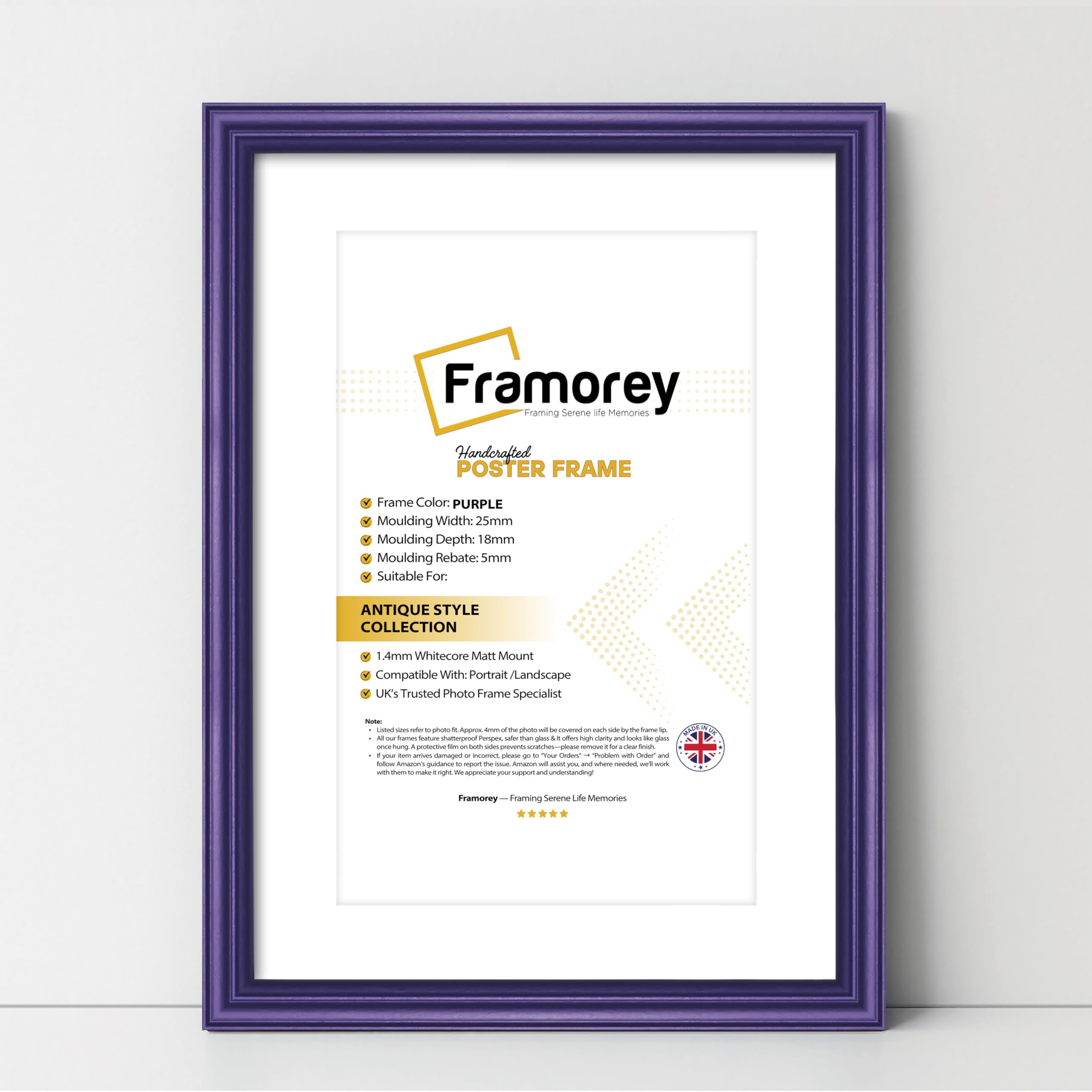 FRAMOREY LW Antique Style Photo Frames 14x12" Size Purple Picture Frame With 12x10" Size White Mount, Modern Art Picture Frames, Wall Hanging Poster Frame, Photo Print Frames