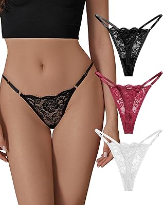 SHARICCA Lace G-String Thongs for Women Adjustable Sexy Low Rise Underwear Breathable T-back Thongs Panties 3 Pack