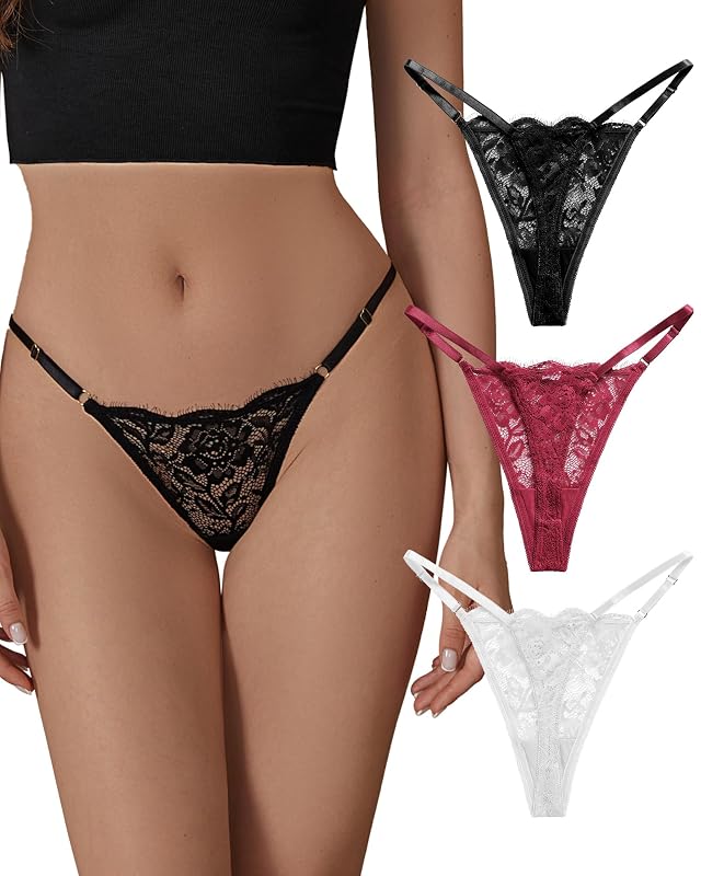 SHARICCA Lace G-String Thongs for Women Adjustable Sexy Low Rise Underwear Breathable T-back Thongs Panties 3 Pack