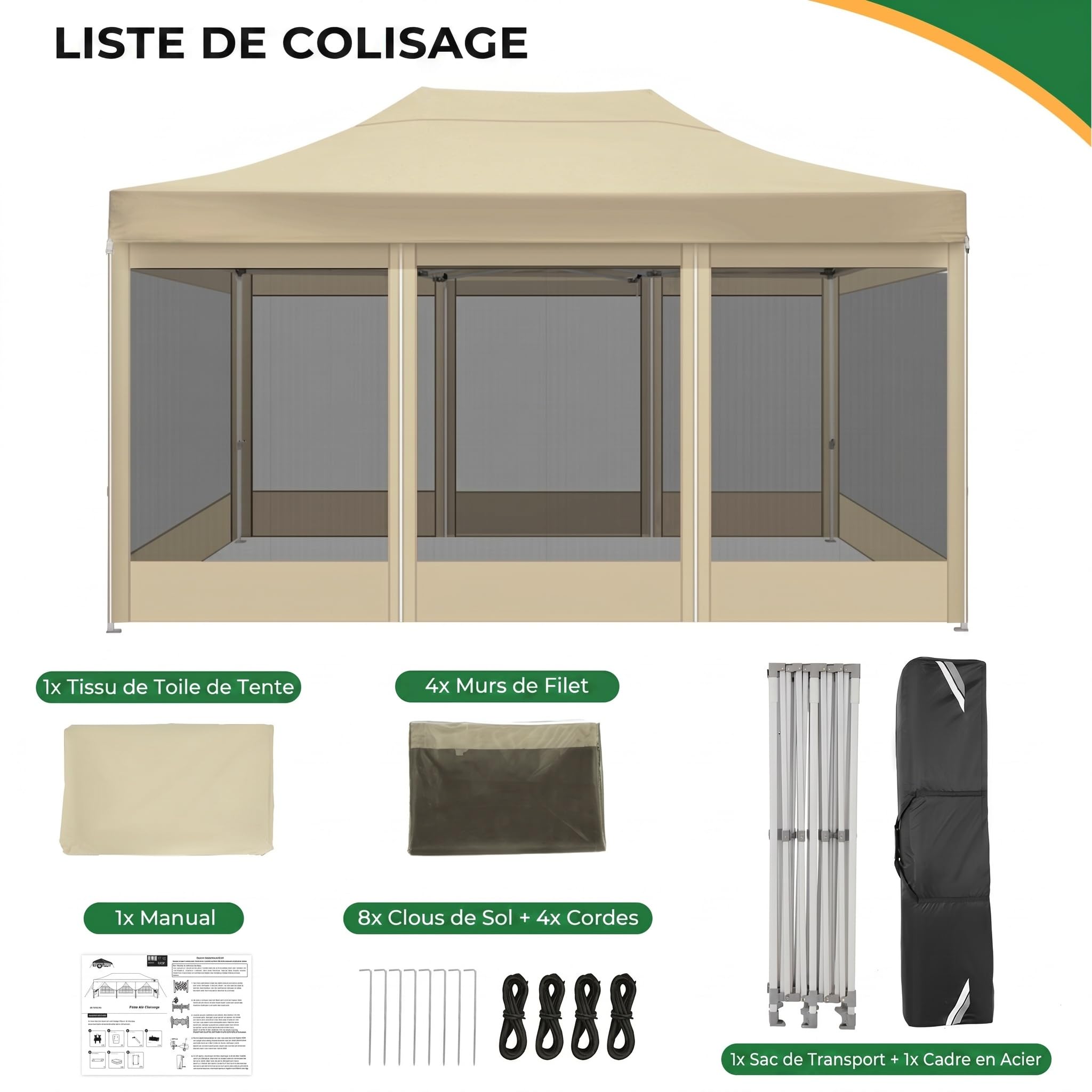 COBIZI Tonnelle de Jardin Pliante 3x4,5m, Tente de Réception Imperméable avec 4 Parois Moustiquaires, Barnum Pop-up en Acier Renforcé, Oxford 420D, Sac de Transport, Kaki
