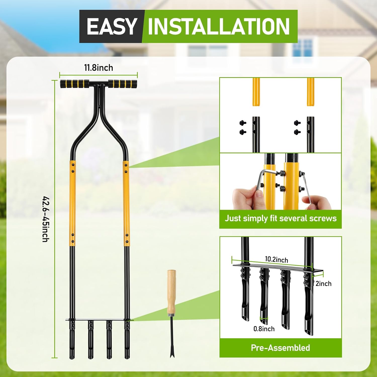 Knee-Friendly Manual Lawn Aerator Tool, 42.6-45 Inch Adjustable Height Core Aerator for Grass, Pre-Assembled Yard Aeration Tool with 4 Hollow Tines for Lawn Care and Compacted Soil