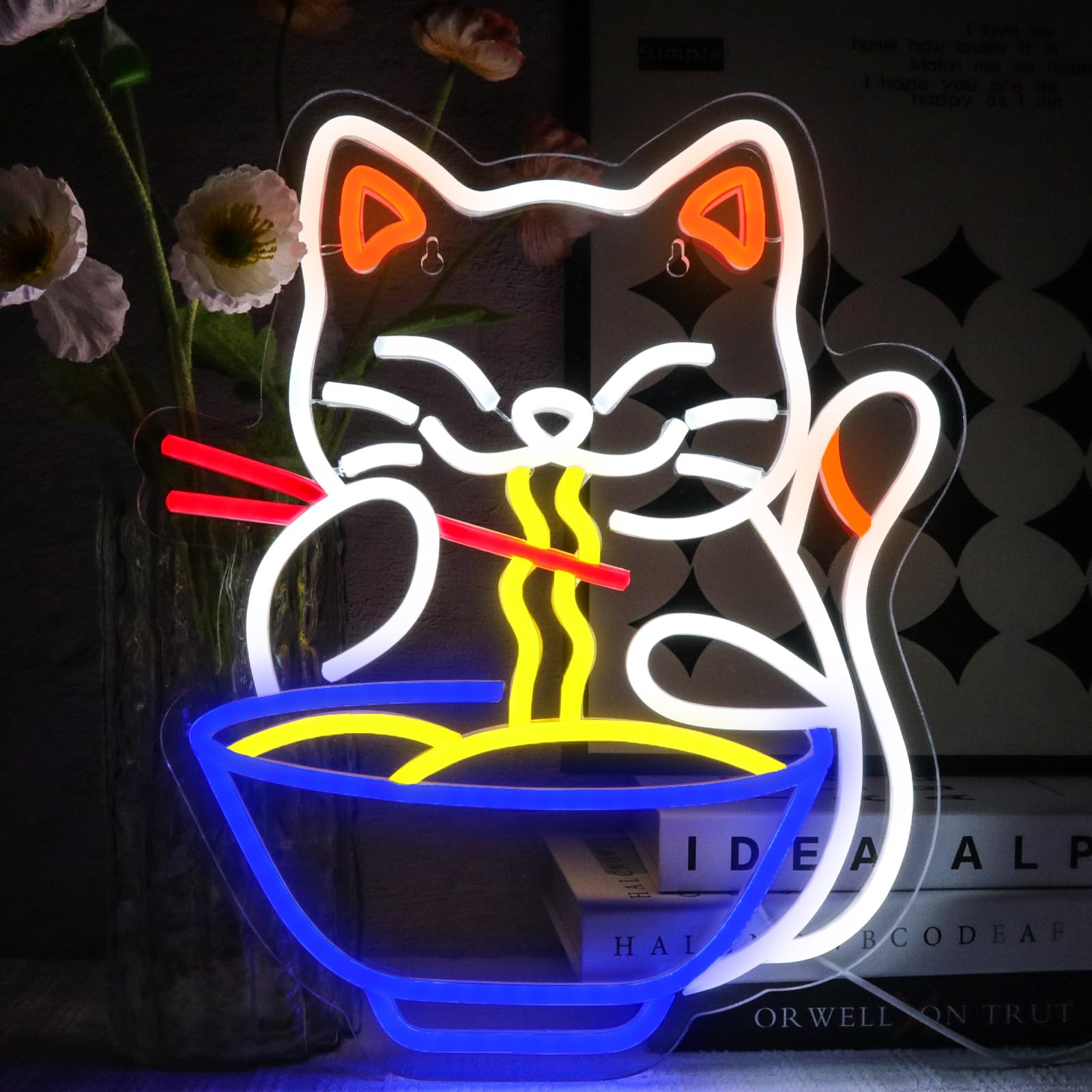 OYCGZV Cat Ramen Neon Schild Buntes Led Neon Schild Wand Katze Noodles Neon Sign Nudeln Led Schild für Resturant Ramen-Laden Küche Snack-Bar Wohn-Esszimmer Brunch Party Home Store Geschenke