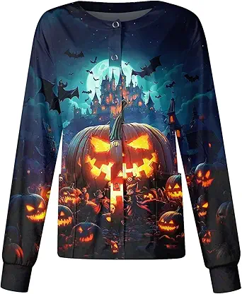 Printed Scrub Jackets for Woman Print Long Sleeve Plus Size Womens Scrubs for Women Nursing Jacket with Pockets