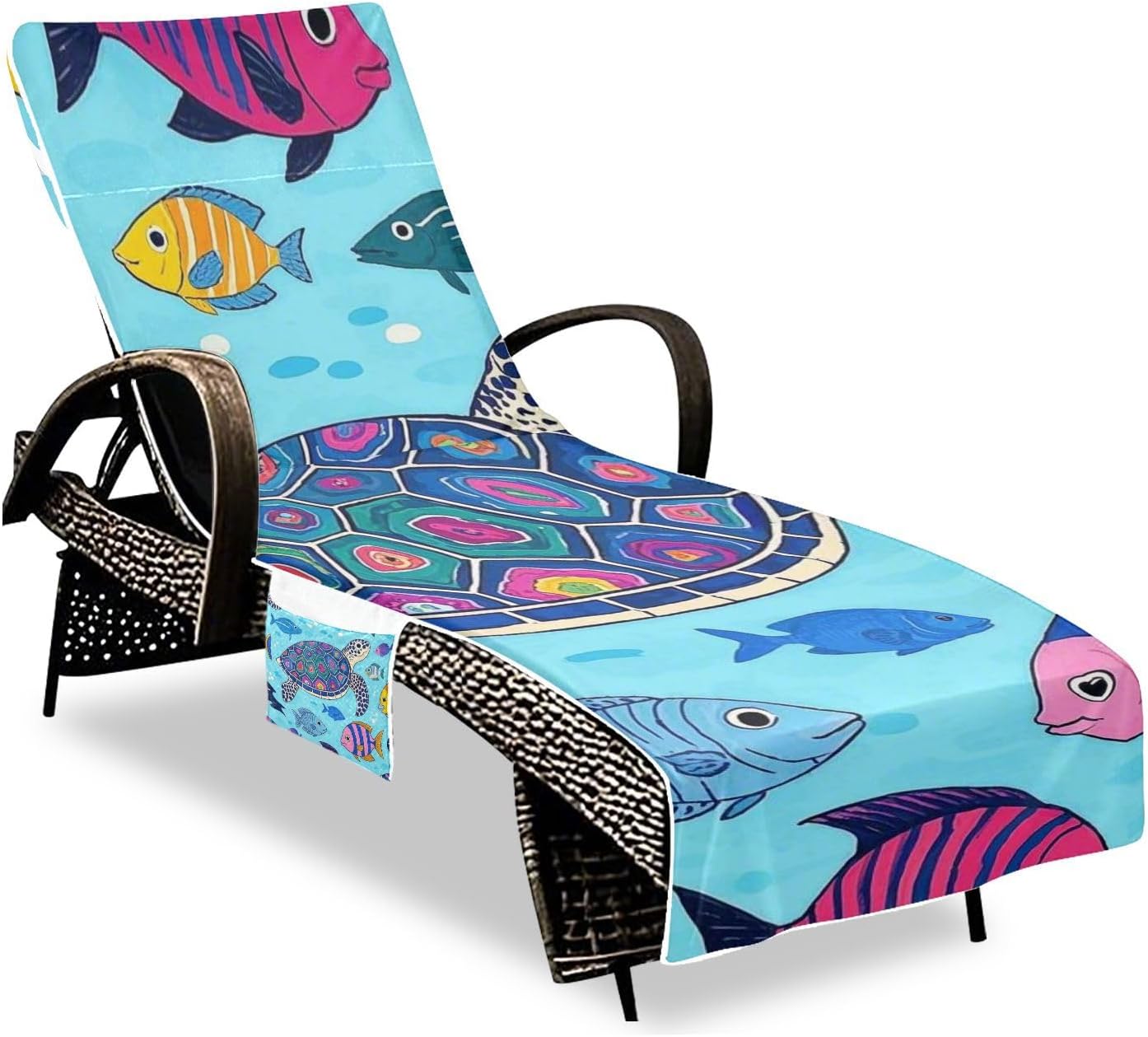 Ocean Sea Turtle Fish Blue Chaise Lounge Cushion Covers Waterproof Outdoor Furniture Lounge Chair Towel Cover for Outdoor Pool Beach Sunbathing, 85" X 30"