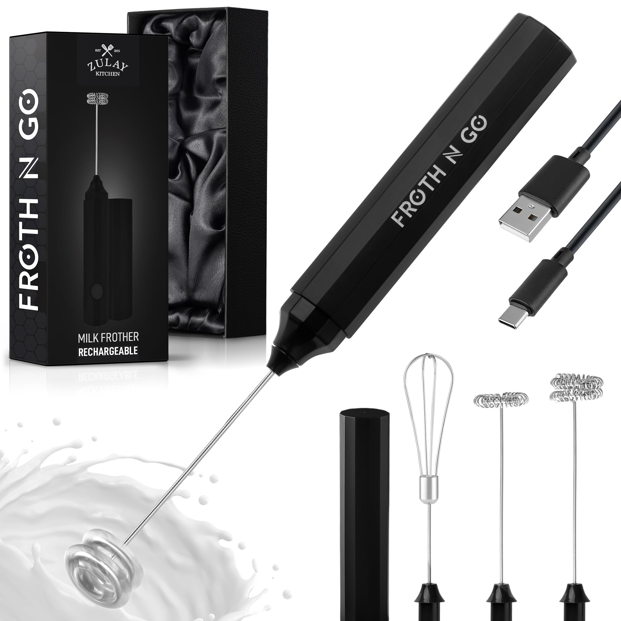 Zulay Froth N Go Milk Frother – Rechargeable 3-in-1 Handheld Frother Wand with Travel Case & USB-C Charger – Single, Double & Egg Whisk for Latte, Cappuccino, Matcha, Protein Shakes – Black