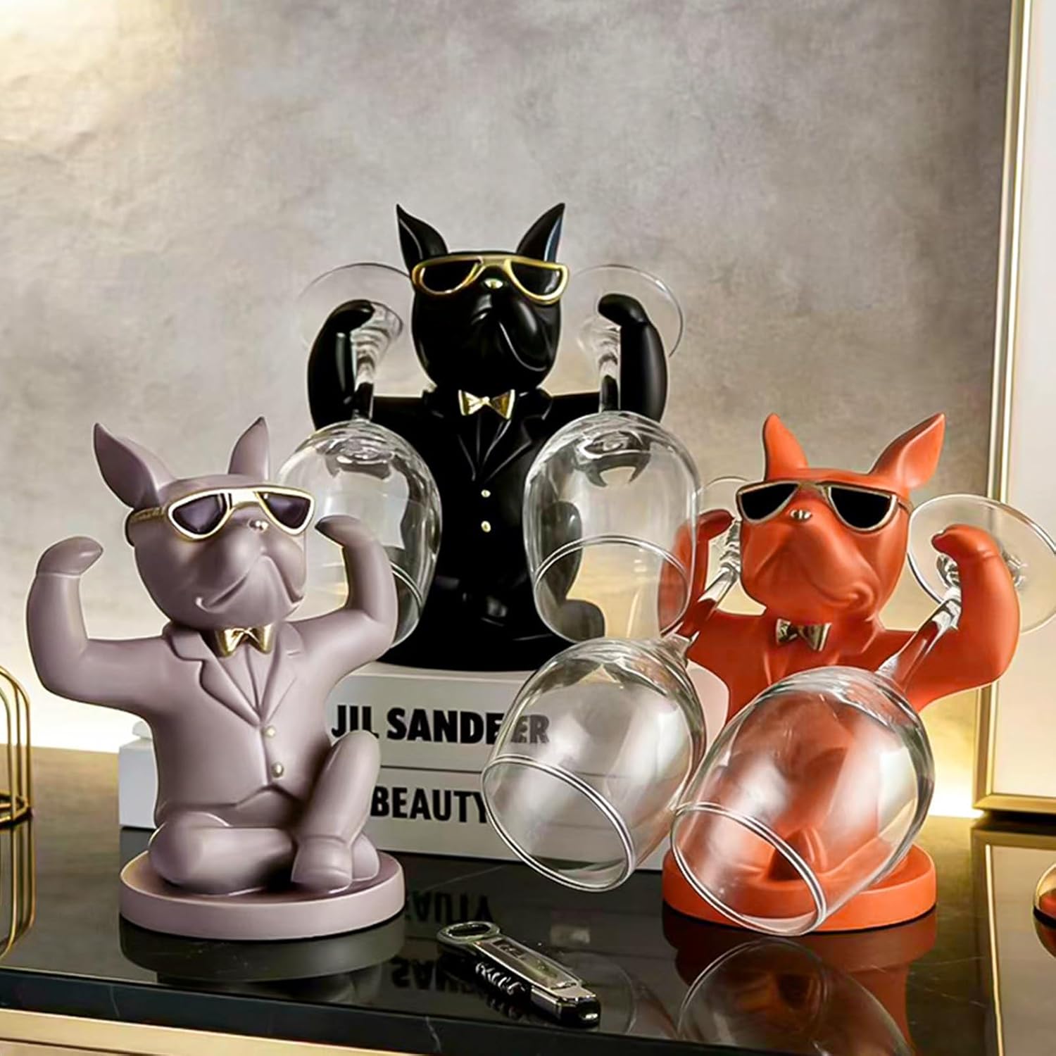 French Bulldog Wine Glass Holder Decorative Resin Dog Statue Pet Themed Accessory for Home Bar and Party Decorations