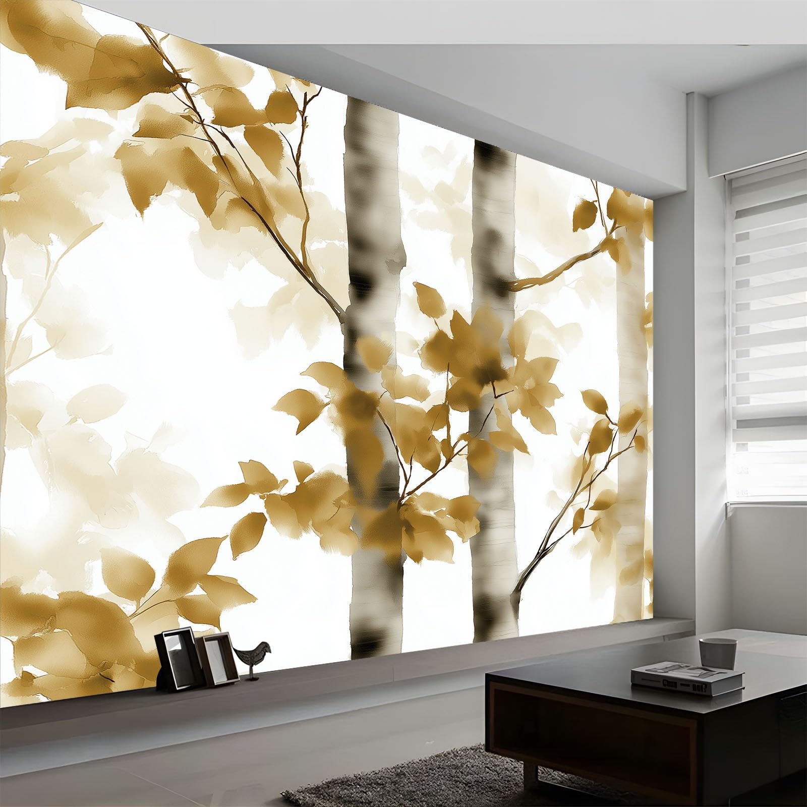 Panoramiczna tapeta nowoczesny las brzozy liście, nowoczesne zdjęcie mural 200 cm x 140 cm - tapeta dekoracja domu malarstwo chiński tusz do salonu pokoju dziecięcego biura