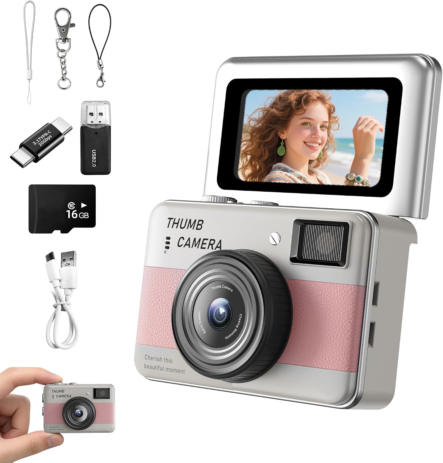 Mini Keychain Camera - HD Thumb Camera, 1.47-inch Flip Screen | Multiple Shooting & Recording Modes | Portable Digital Camera with SD Card for Travel, Party | Ideal Fashion Pendant Gift