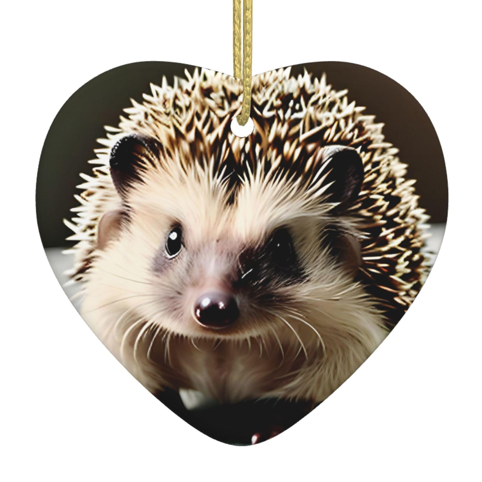 Cute Hedgehog Ceramic Christmas Heart Pendant with Silk Thread, Christmas Tree Home Decoration