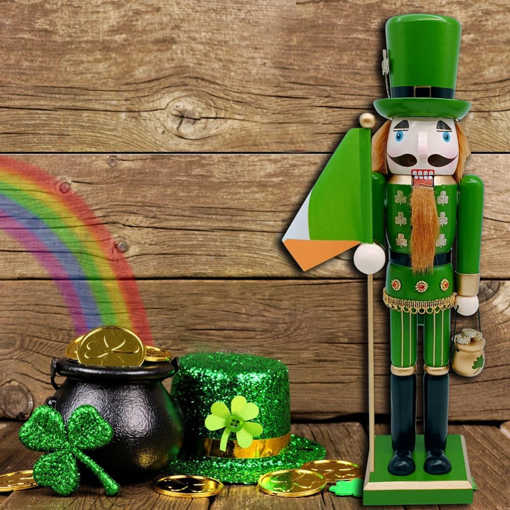 Cabilock 15Inch Wooden Nutcracker Soldier Figurine Irish Shamrock Decor St. Patricks Day Ornaments Hand-Painted Lucky Irish Cape Nutcracker Festive Ornament for Christmas Desktop Home Decor