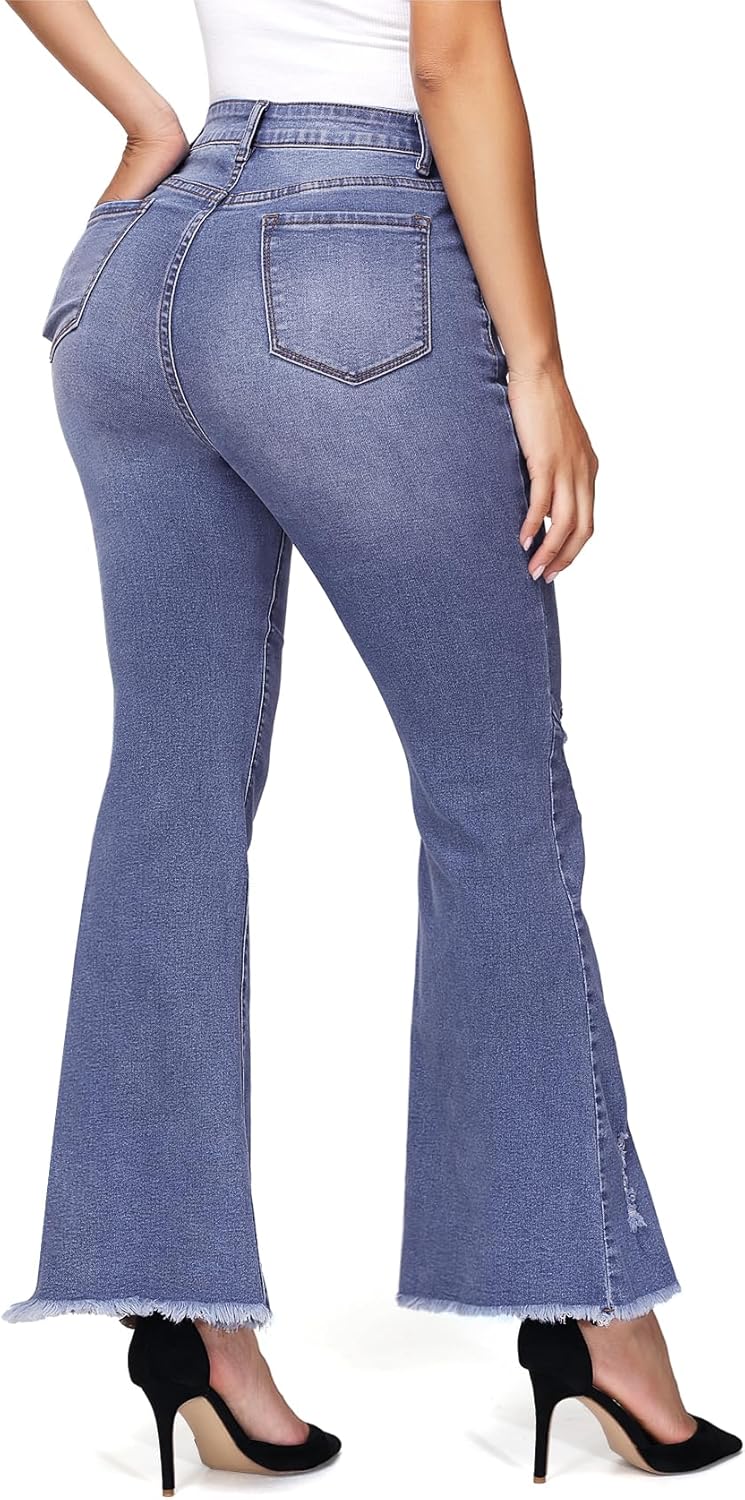 Women's Ripped Jeans High Waisted Hip Lift Flared Jeans Stretchy Wide Leg Destroyed Denim Split Hem Pants - Image 3