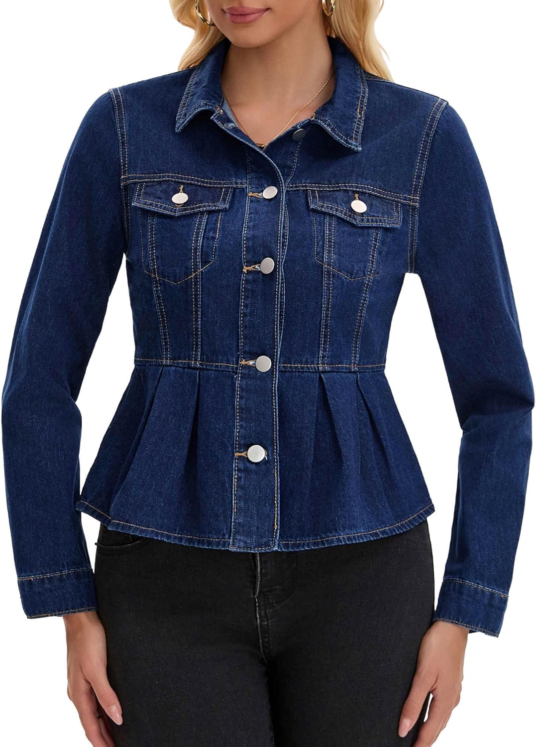 Women's Denim Jacket Button Down Collar Ruffle Hem with Pockets Peplum Jean Jackets