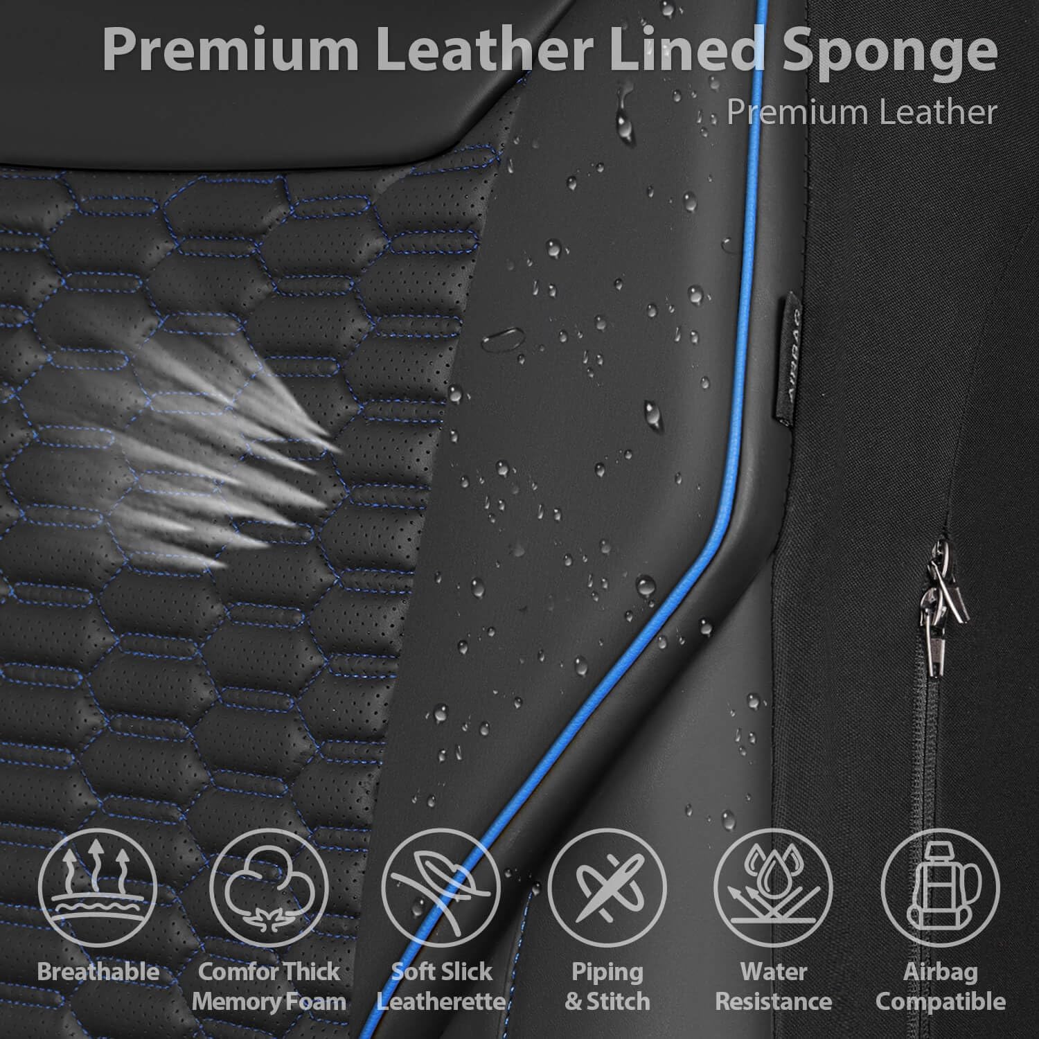 CAR PASS 3D Foam PU Leather Car Seat Covers Front Seats, Blue Faux Leather Front Seat Covers for Car, Universal Fit for SUV Truck Sedan Automotive, Armrest Airbag Compatible,Black and Blue