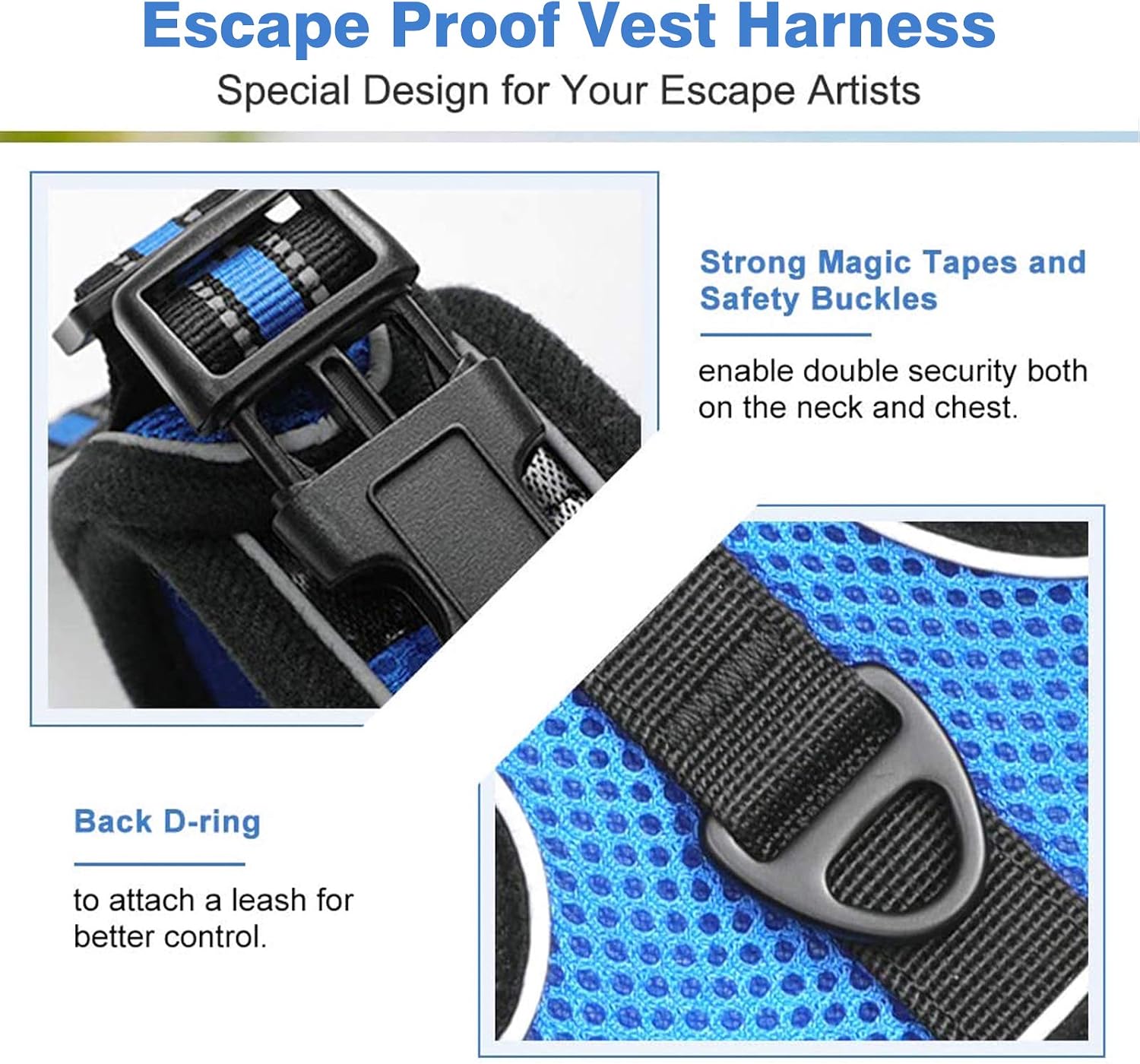 rabbitgoo Cat Harness and Leash for Walking, Escape-Proof No Choke Reflective Vest Harnesses for Small Cats, Kitten Harness with Magic Tapes and Double Clips for Kitty Safety Outdoor Activity, Blue, M