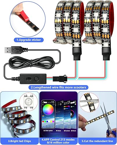Miniatura 4 de Keiurot Tiras de luz LED para scooter para montar por la noche, 5 V, luces de monopatín de alto brillo, control por aplicación, RGBIC, impermeable,