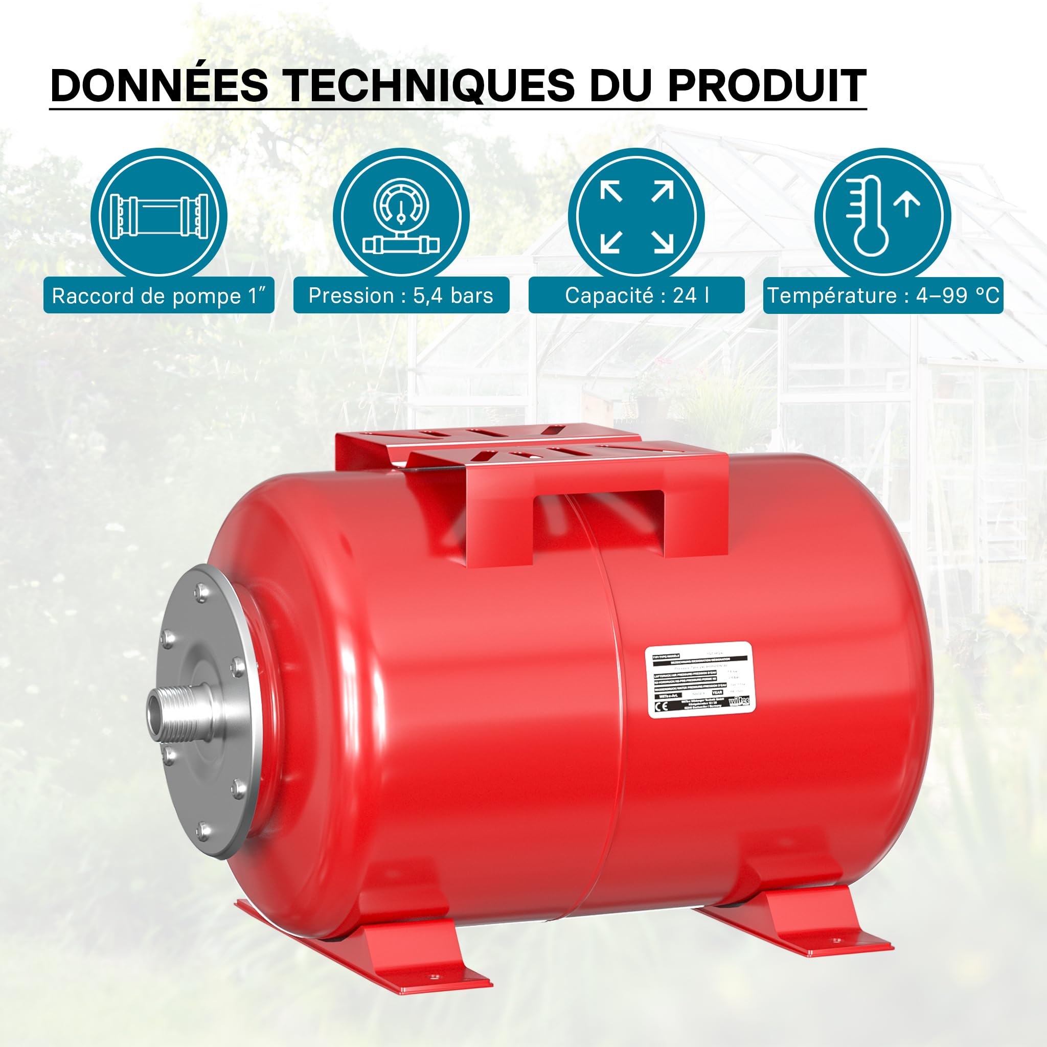 Wiltec Réservoir pression à vessie 24 Litres Acier horizontal Surpresseur eau domestique