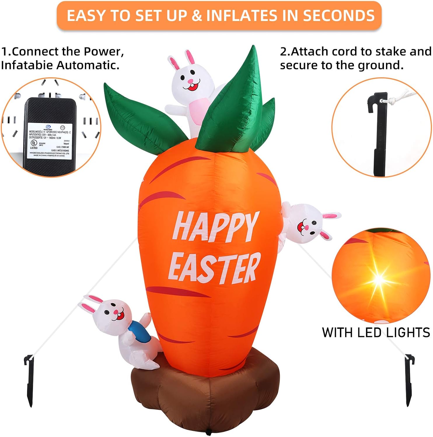 SANKUU 6 FT Easter Bunny Inflatables Decorations, Tall Easter Blow Up Carrot Yard Decorations with Build-in LED Lights, Holiday Happy Easter Signs for Outdoor Garden Lawn Décor