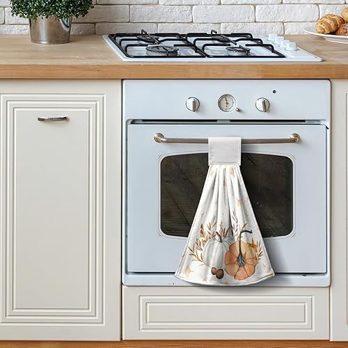 Miniatura 7 de Juego de 2 toallas de mano de calabaza con bucles para colgar, juego de 2 toallas de cocina colgantes de cosecha de Acción de Gracias, paño de