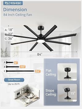 ZMISHIBO 84 Inch Ceiling Fans with Lights, Indoor/Outdoor Industrial Ceiling Fan with 8 Aluminum Reversible Blade, Quiet DC Motor, 3CCT&6-Speed Remote Control, Damp Rated for Living Room/Garage/Gazebo