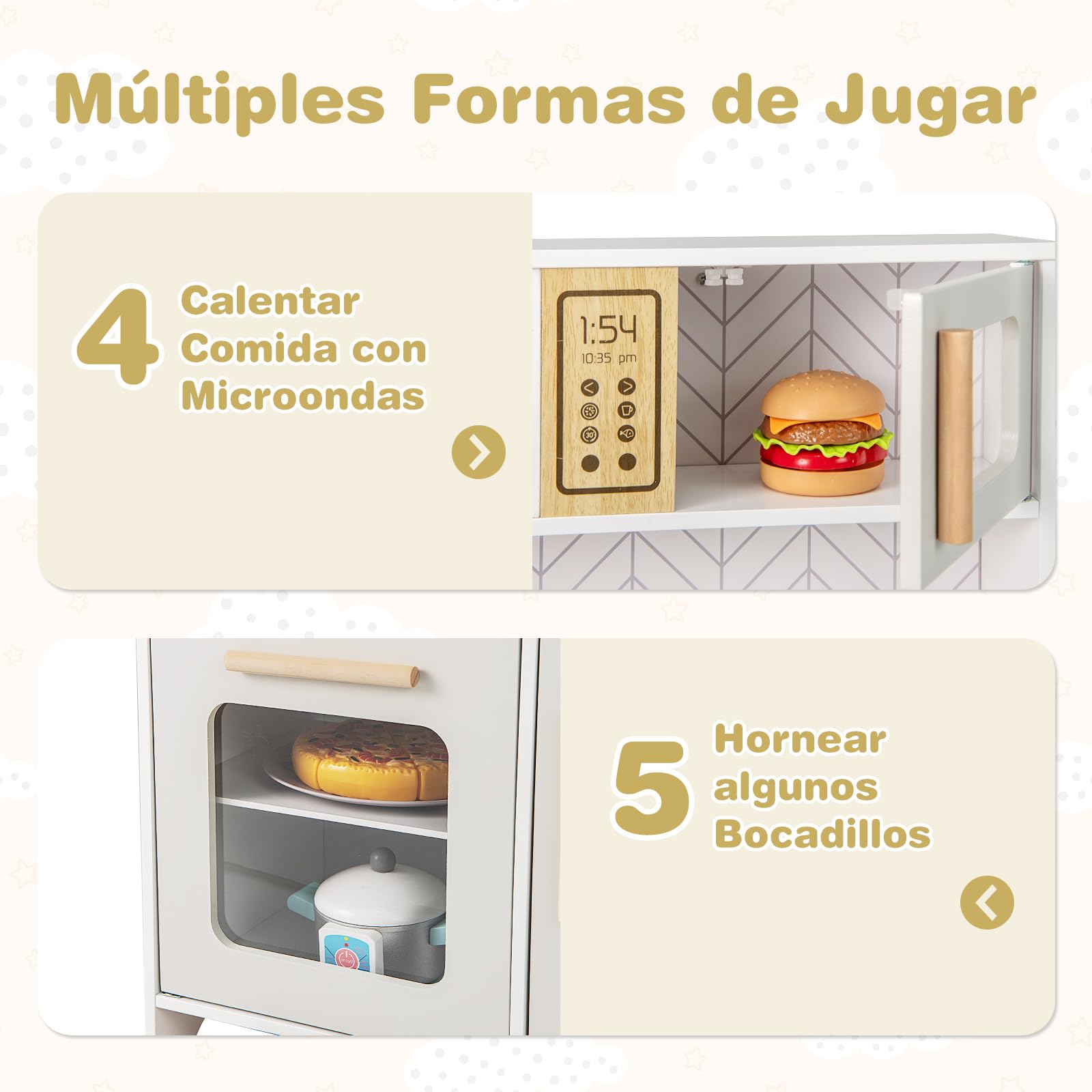 GOPLUS Juego de Cocina para Niños, Set de Cocina de Imitación con Luces y Sonidos, Estufa, Horno, Fregadero, Grifo, Microondas, Utensilios de Cocina, Juguete de Cocina de Madera (Blanco)