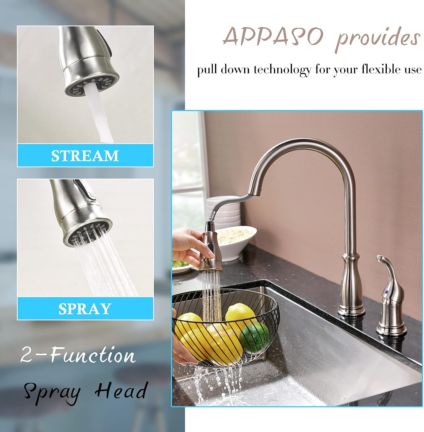 APPASO 2 Hole Kitchen Faucet with Pull Down Sprayer, Stainless Steel Brushed Nickel Commercial Kitchen Sink Faucet with Side Single Handle, APS278BN