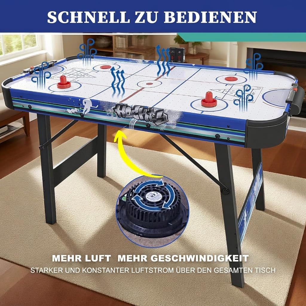 Klappbarer Airhockey Tisch 122cm mit Luftkissen-Effekt - 3-in-1 Spiel für Familie: Hockey, Bowling, Shuffleboard - Scoreboard, 2 Pucks + Schläger - Zuhause Freizeit Geschenk