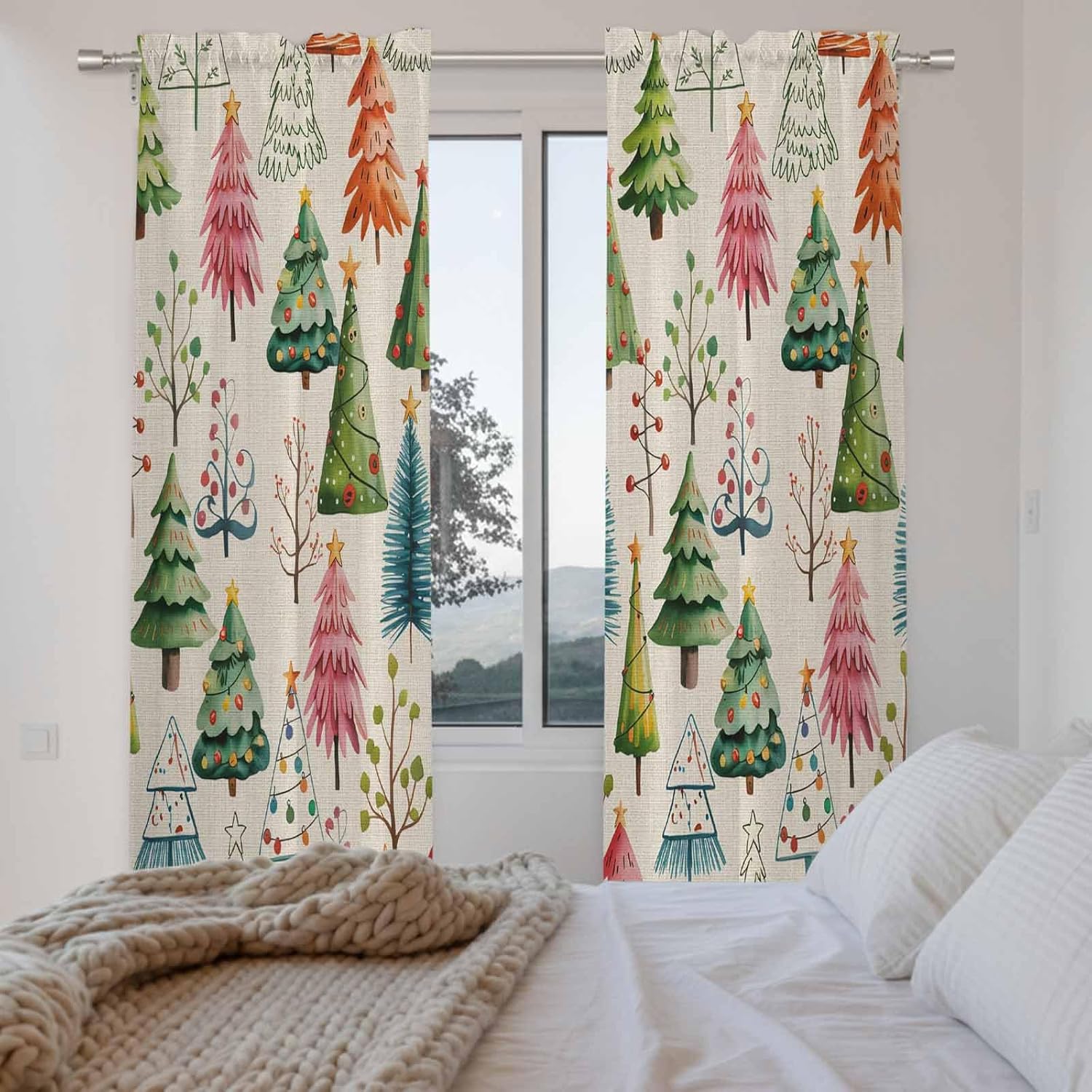 Christmas Pine Window Curtains 72 Inch Long 2 Panel Set, Rod Pocket Long Curtains & Drapes, Winter Colorful Xmas Trees Plant Beige Light Filtering Window Treatment for Bedroom Living Room 52"W x 72"L