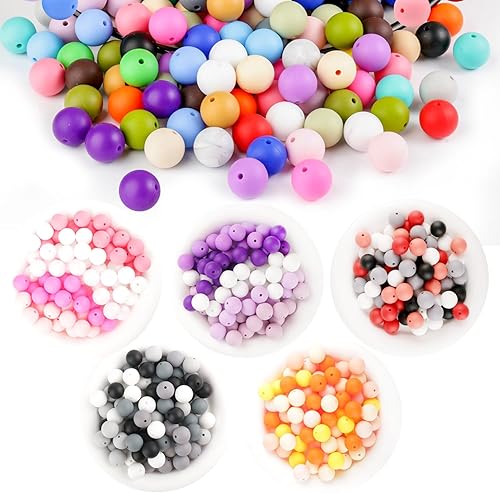 170 cuentas de silicona de 0.591 in para hacer llaveros, 5 formas de mezclar y combinar colores, cuentas redondas de goma para bolígrafos, collares,