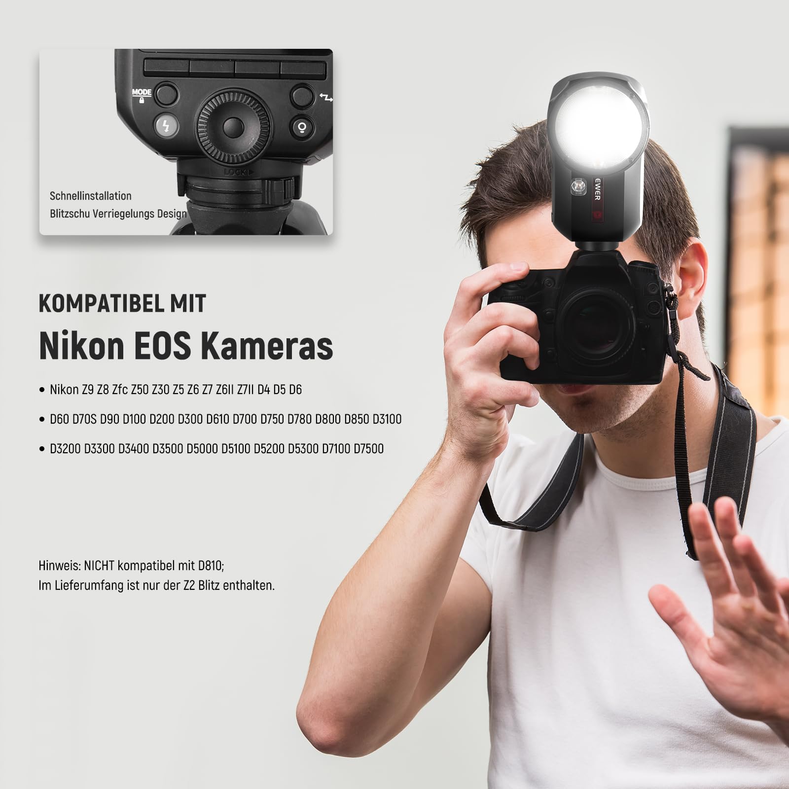 NEEWER Z2-N 2,4GHz TTL Flash mit Rundkopf, kompatibel mit Nikon, 600 Blitz bei voller Leistung, 3000mAh 76Ws 1/8000s HSS, 2 Einstelllampen, Lichtdiffusor, TTL/M Umschalttaste für 2,4GHz Q System
