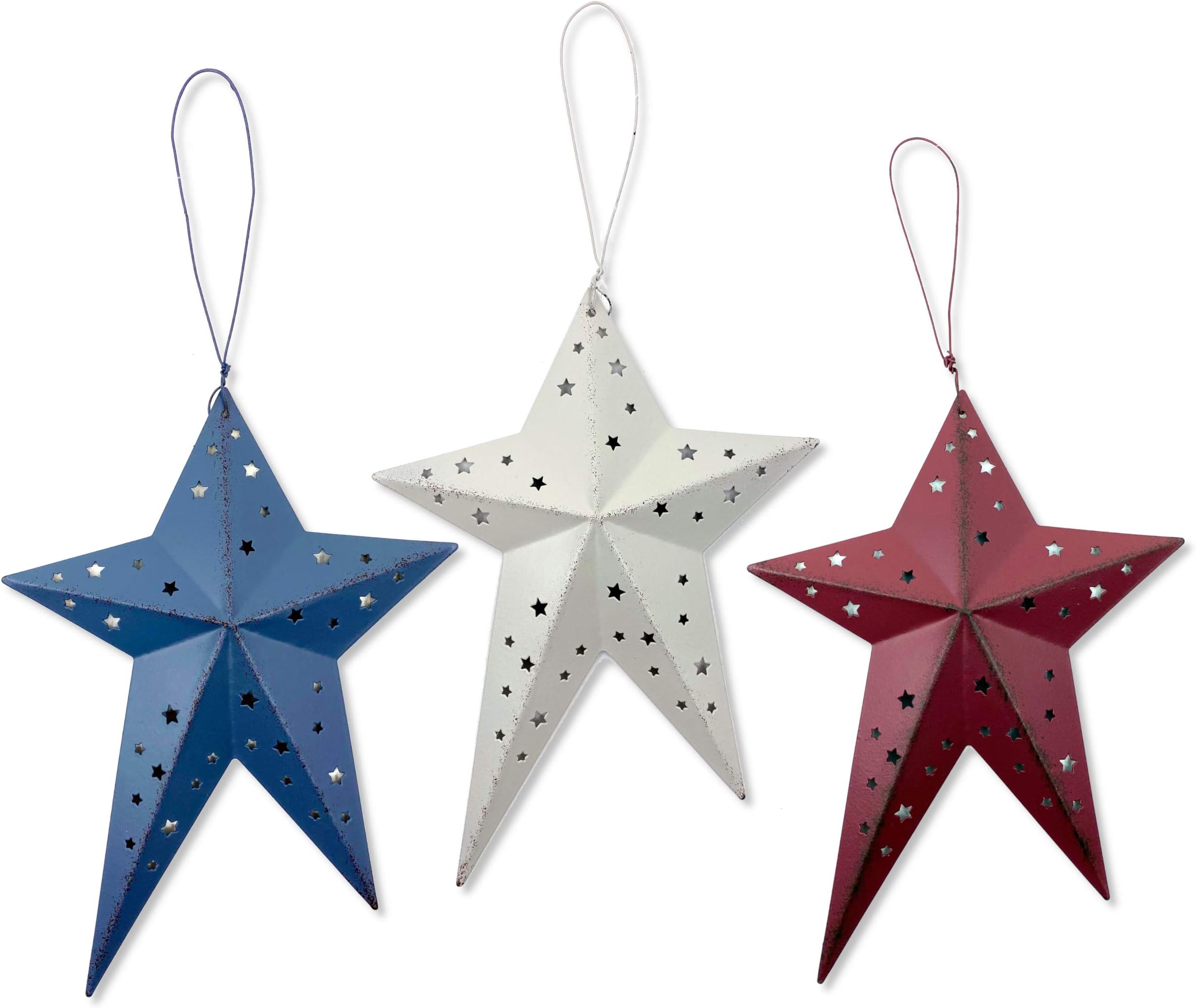 Country Americana Set of 3 American Flag Christmas Star Ornaments, USA Red, White, & Blue