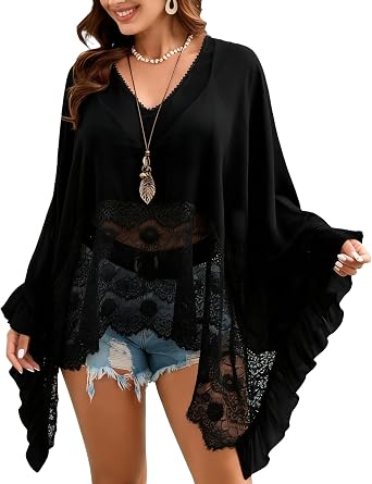 MAKABO Womens Sheer Poncho Top Knit Summer Lace See-Through Shawl Shrug