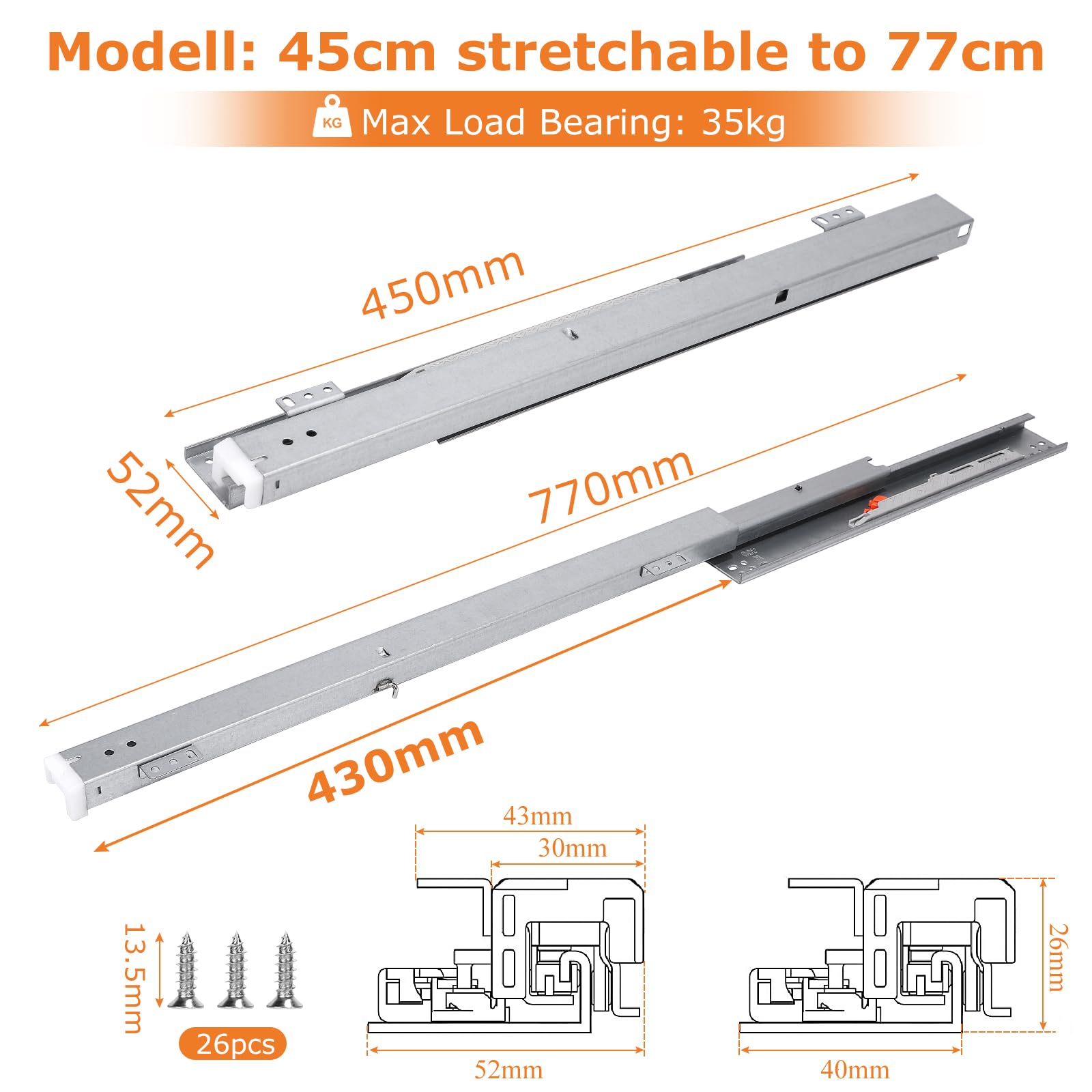 EFUTURETIME 2 x 45 cm szyny do szuflad pełny wysuw 77 cm szufladowy wysuw Softclose o dużej nośności, montaż pod podłogą z prowadnicami podłogowymi z 26 śrubami