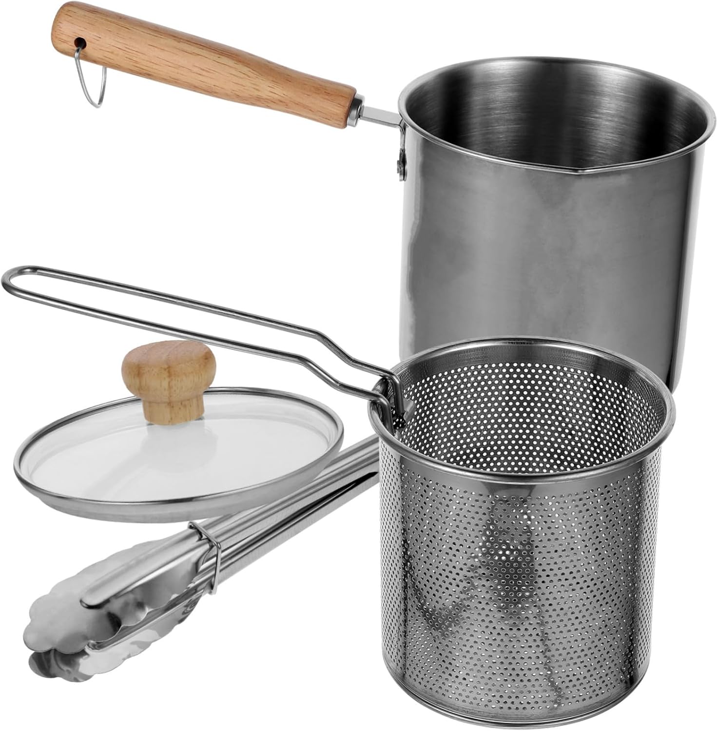 BESTYASH 1Set Stainless Steel Deep Fryer Kitchen Frying Pot with Lid Frying Basket Food Tong for Multi Purpose Cooking for Breakfast Barbecue and Buffets