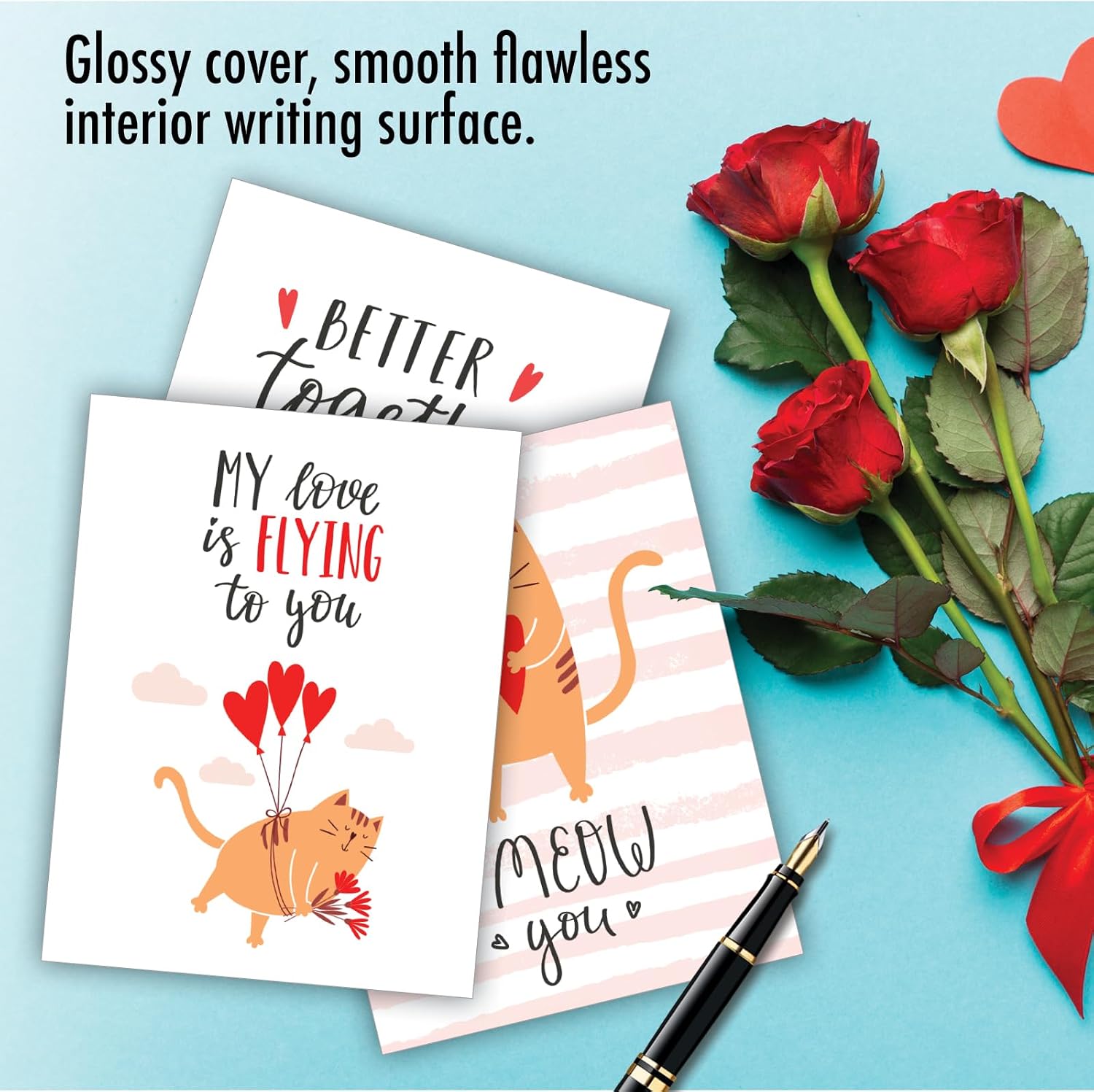The Best Card Company 20 Assorted Valentine's Day Notecards Box Set 4 x 5.12 Inch with Envelopes (10 Designs, 2 Each) I Meow You AM11014VDG-B2x10
