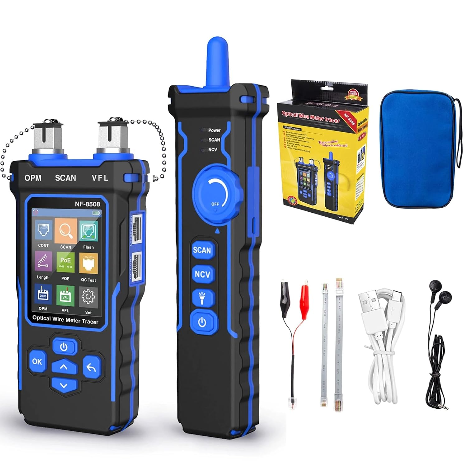 NF-8508 Network Cable Tester with Optical Power Meter VFL, PoE, and Length Measurement - RJ11/RJ45/CAT5/CAT6 Ethernet Cable Toner, Telephone Line Tracer, Fiber Tester, and Network Tools (NF-8508)