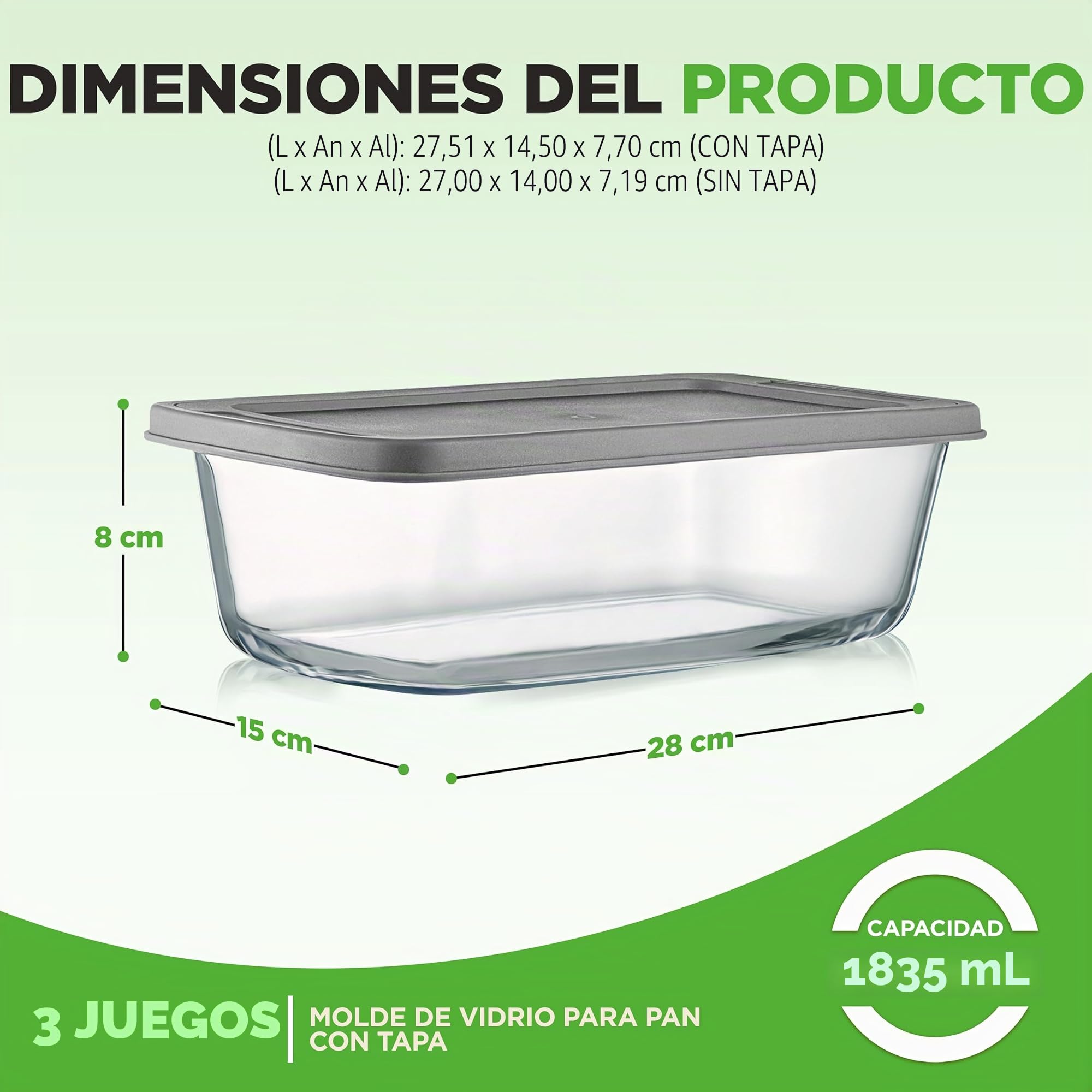 Nutrichef Moldes Rectangulares para Pan con Tapas Herméticas, Set de 4 Piezas, Tuppers de Cristal Resistentes Apilables, Aptos para Horno, Microondas, Lavajillas y Congelador, Libres de BPA, 1.83 L